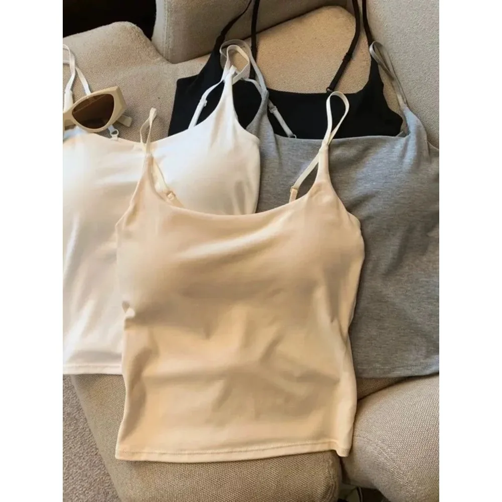 Women's Slimming Camisole Tank Top, Built-in Pad Sleeveless Strap Vest, Simple Summer Inner Wear Outerwear Sling