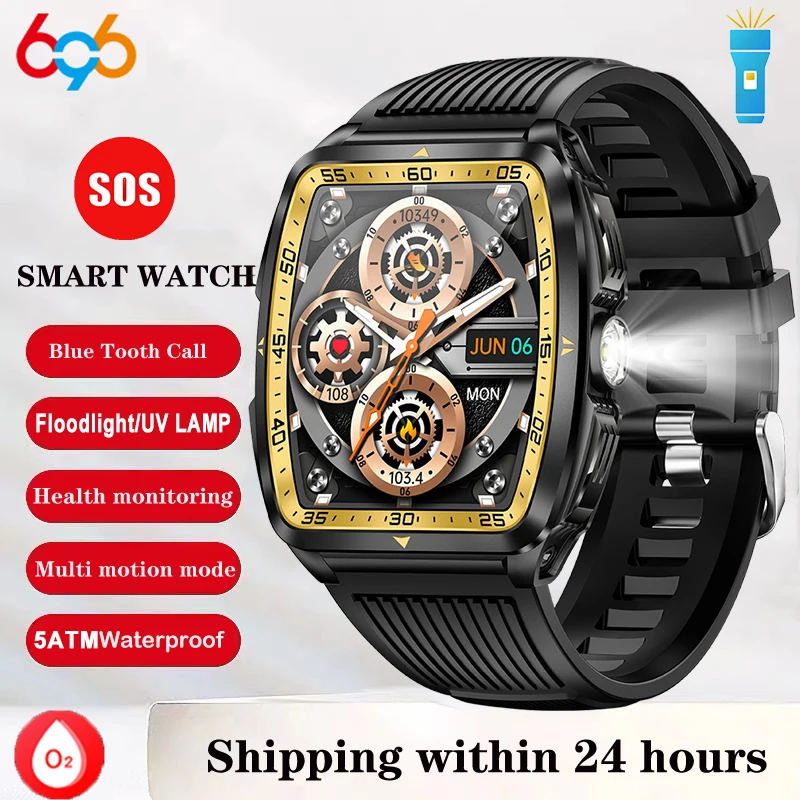 

Outdoor Men Sports Smart Watches SOS Strong Flashlight UV LAMP Blue Tooth Call Smartwatch 5ATM Waterproof Multi-locomotion Modes