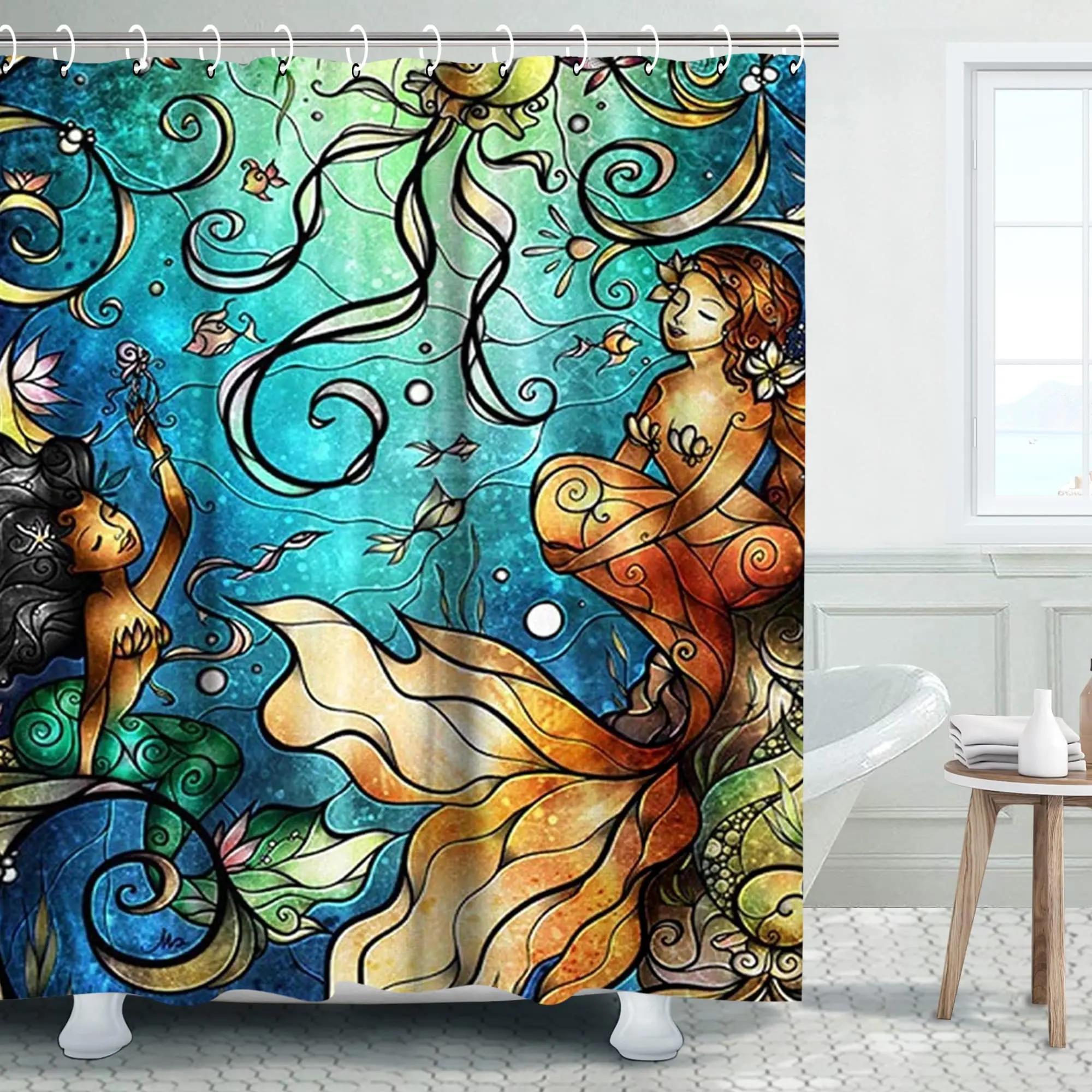 Beautiful Mermaid Shower Curtain, Jellyfish Fabric Bathroom Curtains Set with Hooks Marine Ocean Animals Bathroom Decor Washable