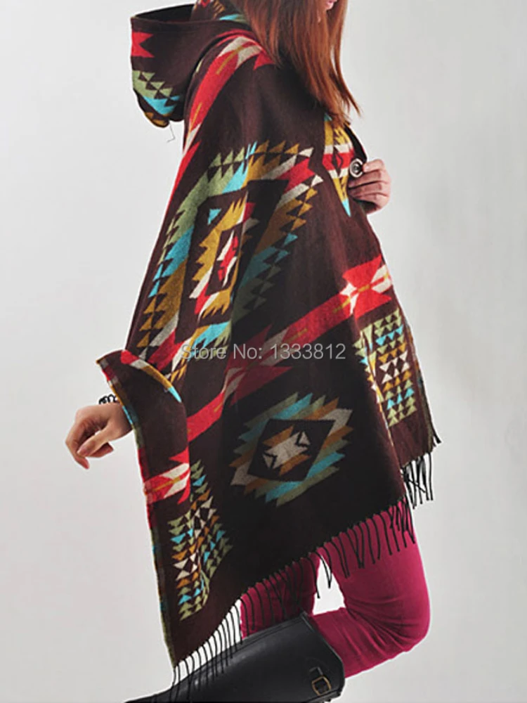 New Ladies Cape Coat Check Tartan Plaid Fringe Poncho Hoodie Hooded Bohemian Shawl Tassel Scarf Scarves Warm Wrap