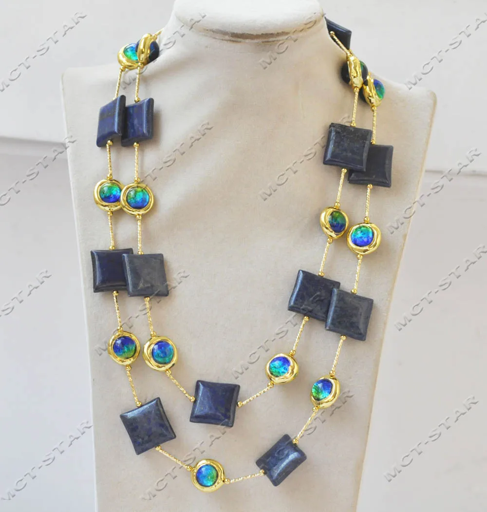 

Z13079 43" 20mm Square Coin Blue Lapis lazuli Green Ancient Glass Round Gold-Plated Necklace