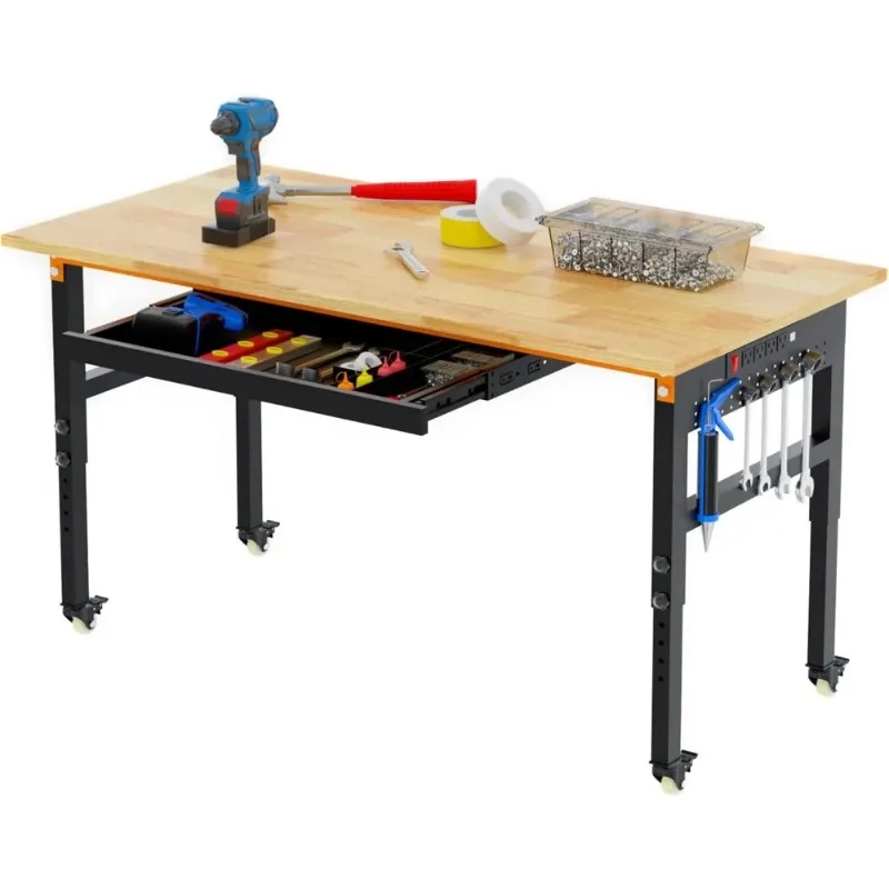 2000 LBS Heavy Duty Work Table with Power Outlets & Pegboard, Rubber Wood Workstation，60" Adjustable Workbench on Wheels