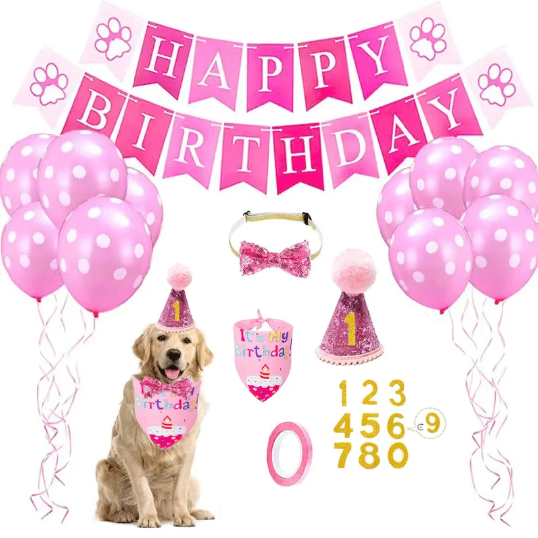 Pet Birthday Set with Golden Sequins Hat Bandana Birthday Party Banner Decoration Bow Tie Cat Dog Festive Party Accessories