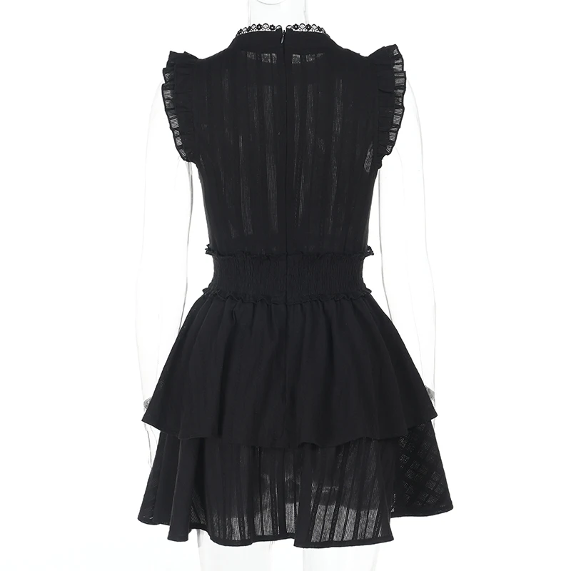 Vintage Elegant Black Lace Trim A-Line Tank Mini Dress Y2K Goth Aesthetic Layered Bodycon Short Dress Women Summer Party Dress
