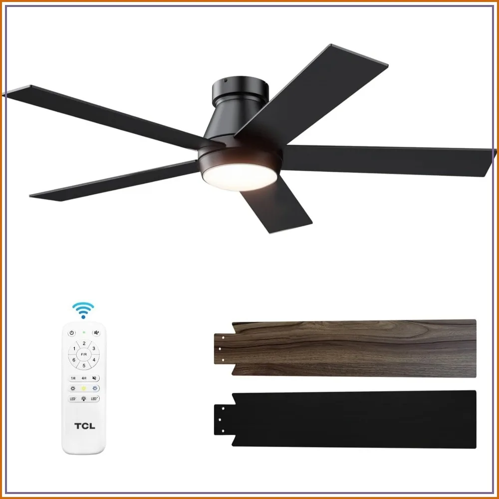 

52" Ceiling Fan with Lights, Flush Mount, Remote Control, 6 Speeds DC Reversible, Dimmable, Noiseless, Low Profile for Bedroom