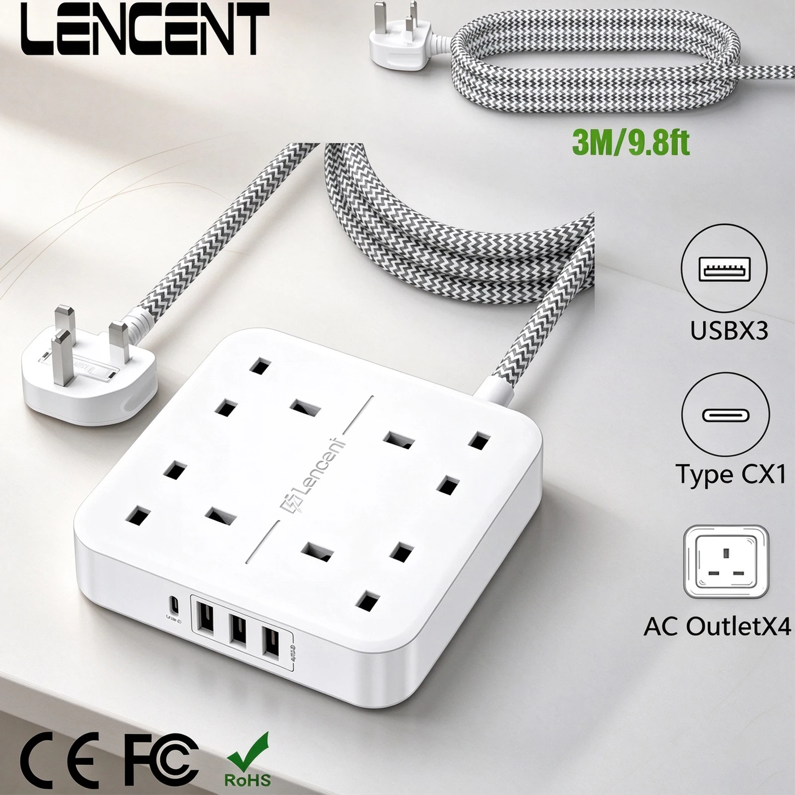 LENCENT UK Power Strip with 4 AC Outlets 3 USB 1Type C Multi Power Plug Extension with 3M Braided Extension Cord for Home Office