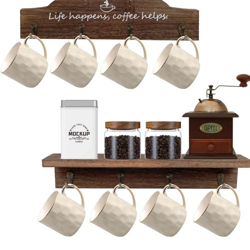 

Coffee Rack Kitchen Wall Shelf Hanging Wall Living Room Vintage Bedroom Wood Floating Shelves Kitchen Accessories Cup Hooks