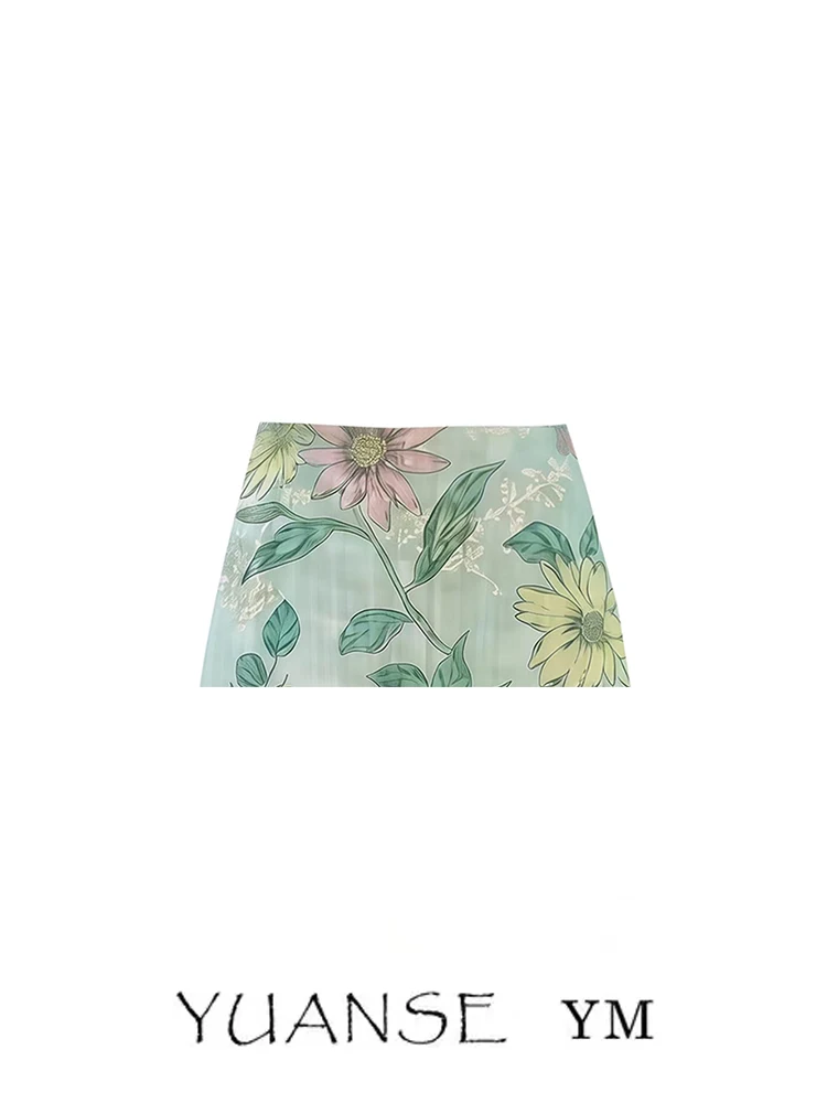 Spring And Landscape Holiday Style Green Print A-Line  Skirt Women Summer Forest System Slimming Versatile Beach Skirt