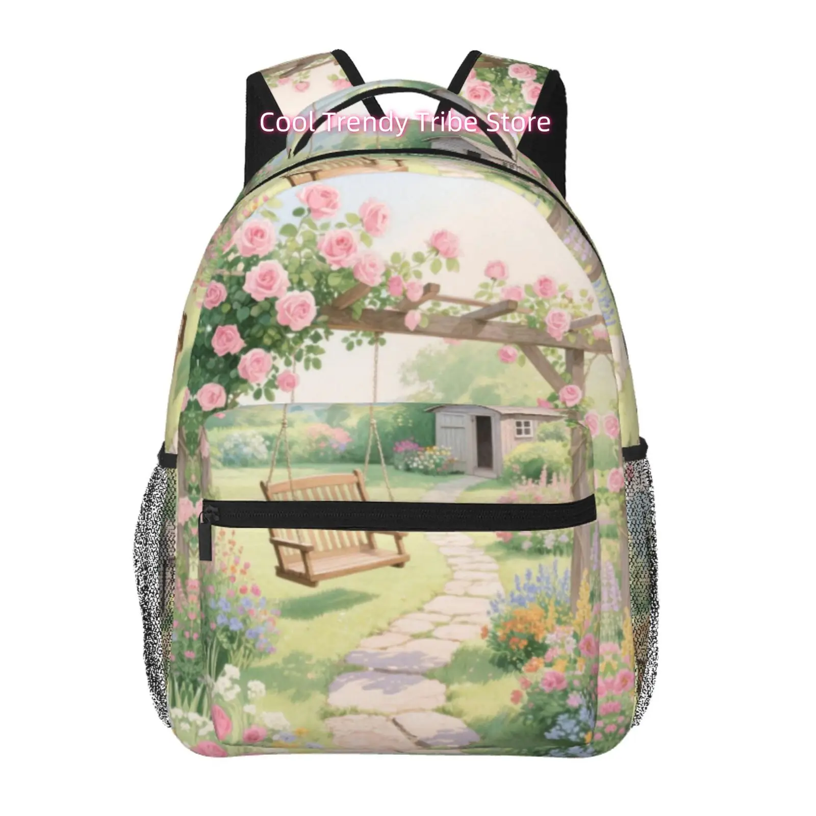 Rose Garden Swing Print Backpack, Romantic Oxford Daypack, Adjustable Shoulder Straps, for Dating And Daily Use