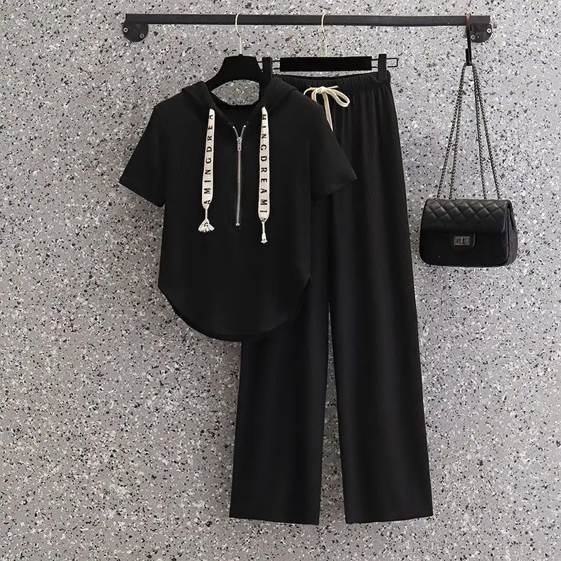 Oversized Women\'s 2023 Korean Summer New Hat Drawstring Short Sleeve Sweater T-shirt Wide Leg Pants Two Piece Pants Set