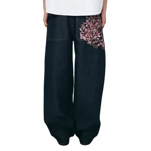 

Cherry Blossom Embroidery Baggy Jeans Hip Hop Women Y2k Casual Harajuku Vintage 2000s Wide Trousers American Gothic Streetwear
