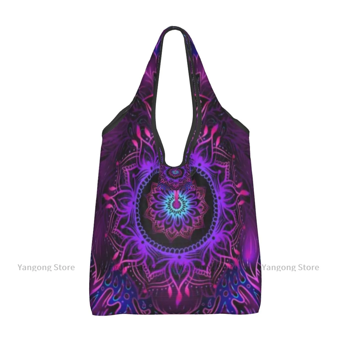 Folding Shopping Bag Lotus Flower Ayurveda Symbol Mandala Reusable Portable Shoulder Handbag for Travel Grocery Pocket Tote