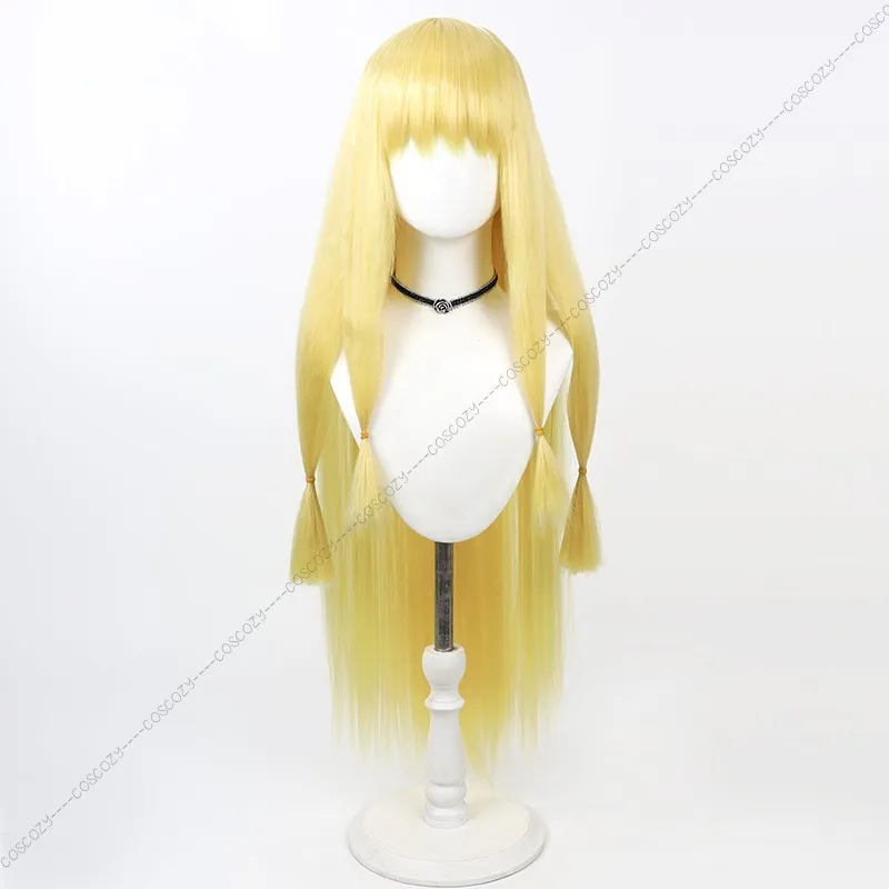 Série Cosplay de cabelo liso amarelo longo, peruca anime com boné de orelha, cabelo resistente ao calor, perucas de festa de Halloween, 90cm