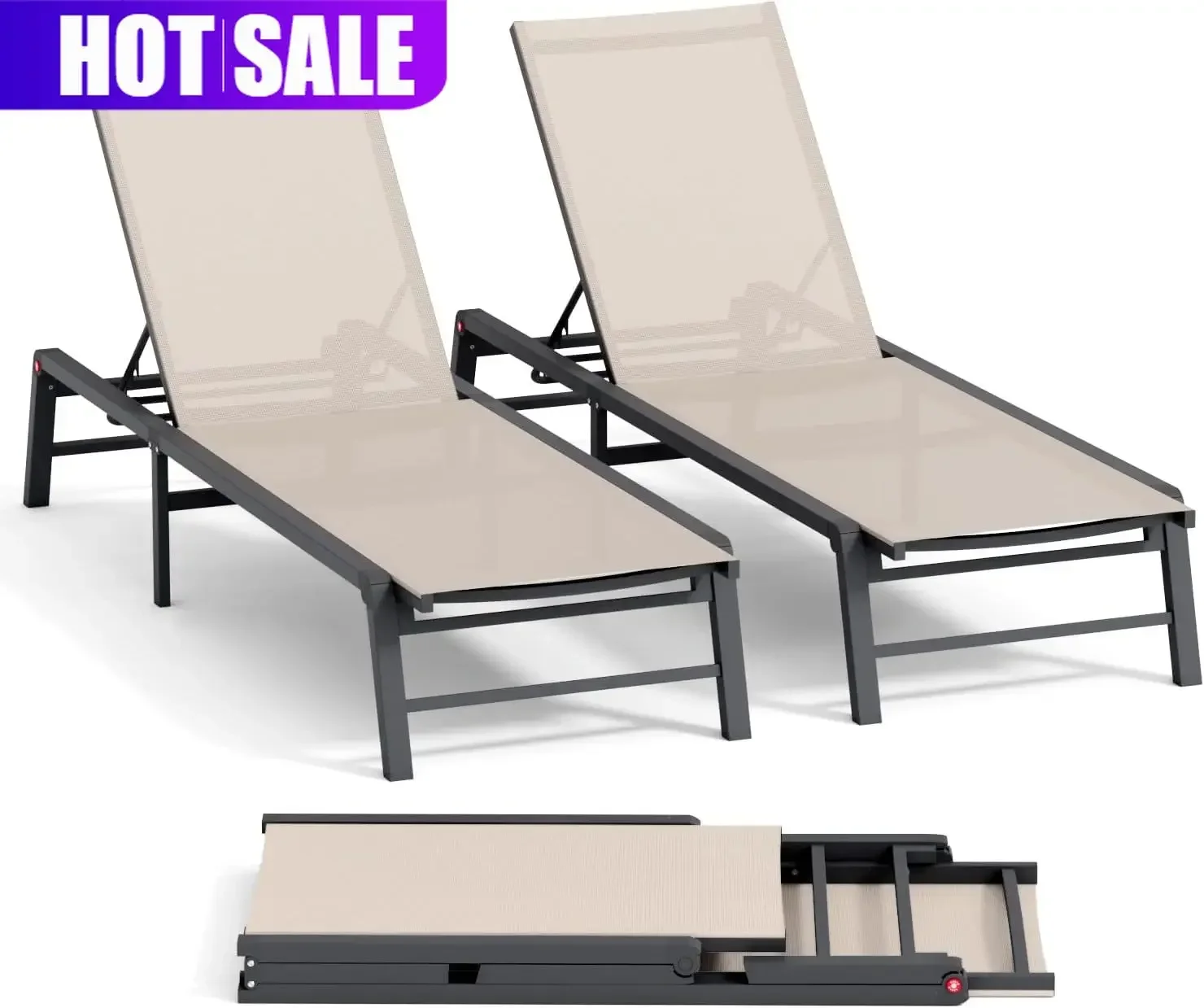 Outdoor Aluminum Chaise Lounge Chair Foldable Patio Poolside Beach Lawn Set Of 2 Adjustable Backrest Five Positions Assemble Fre