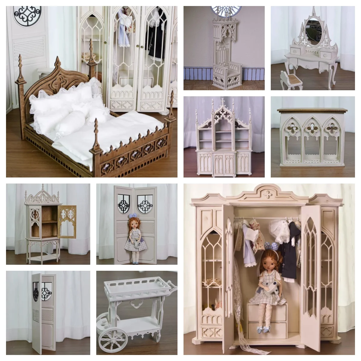 Gothic 1:6 1:8 1:12 Miniature Furniture DIY Kit: Display Cabinet, Screen, Vanity & Bed - Unpainted Wood Model for BJD Dollhouse
