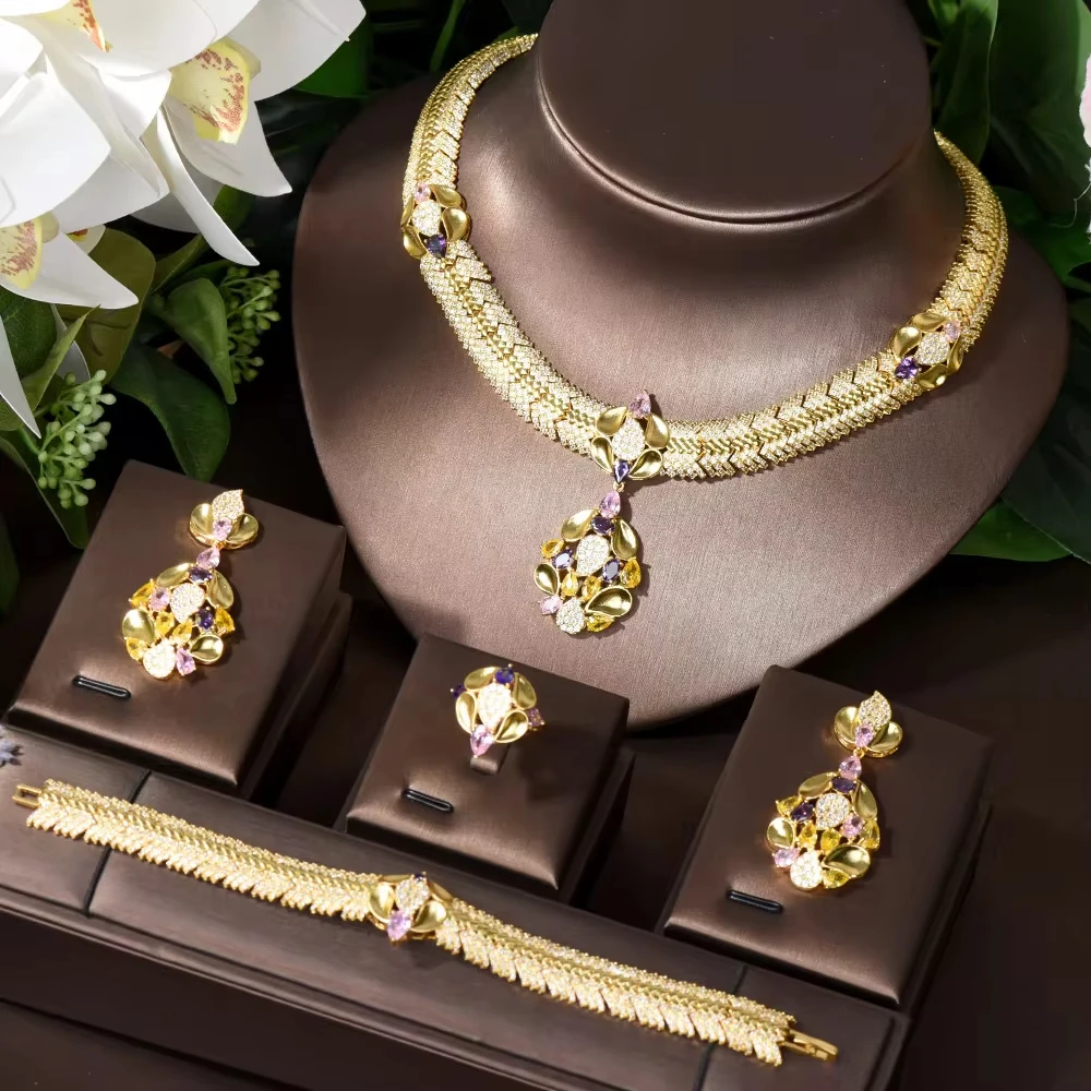 HIBRIDE 4PCS African Cubic Zirconia Large Necklace Women Wedding Party Dubai Gold Plated Luxury Jewelry Sets for Brides N-69