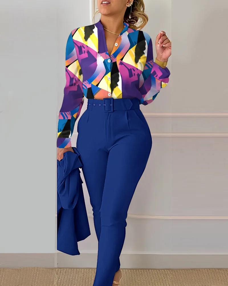 New Striped Print Shirt Pant Two Piece Set Women Casual High Waist Pant With Belt Suit Spring Long Sleeve Shirts Set Office Lady