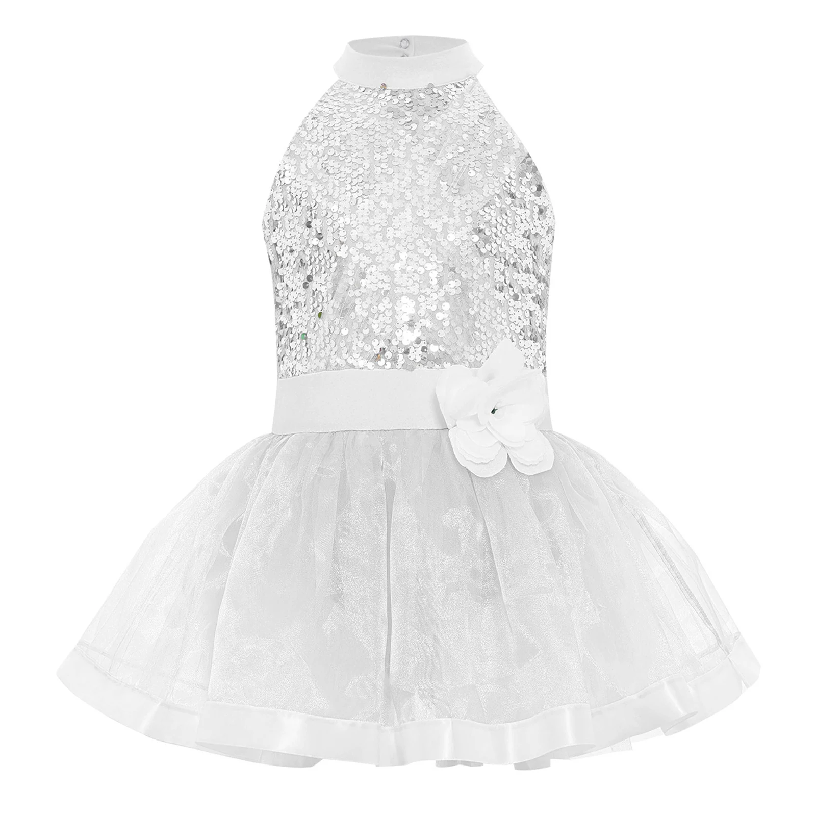 

Kids Girls Professional Ballet Dresses Sequins Sleeveless Cutout Back Layered Tulle Tutu Dress with Built-in Briefs Dancewear