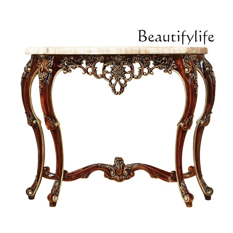 

European Marble Console Tables Neoclassical Wood Carved Side View Corridor Tables Hall Cabinet