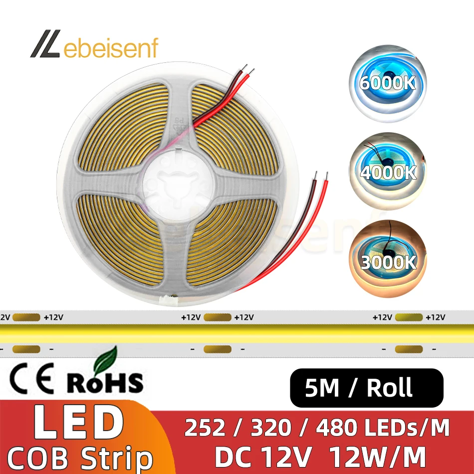 COB LED Strip Light 12V DC Low Voltage Dimmable High Density Flexible Tape Bar Lamp FOB 252 320 480 LEDs/M 3000K 4000K 6000K 5m