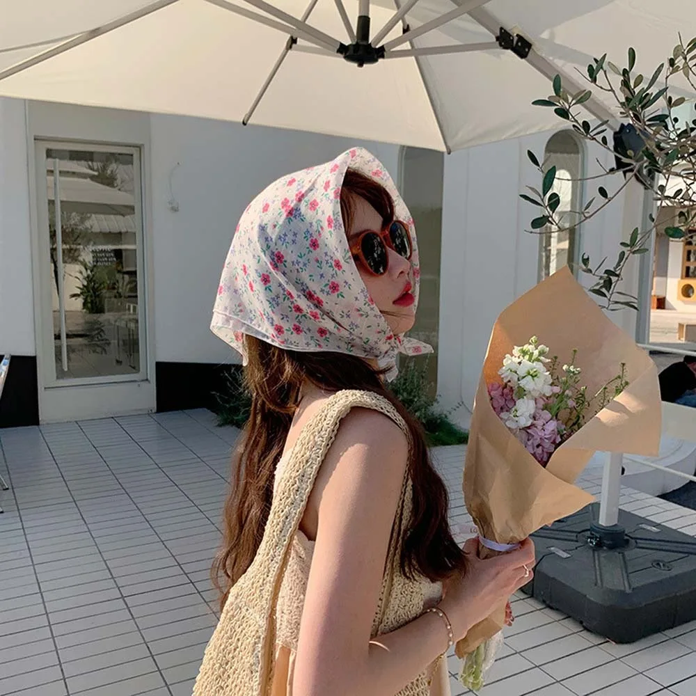 

Breathable Spring Silk Scarf Sweat-absorption Cotton Flower Printed Headscarf Colorful Quick-drying Square Hijab Scarf