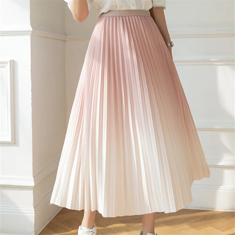 

Fashion Gradient Chiffon Skirts New Summer Autumn Women Elastic High Waist Pleated Skirt Female A-Line Large Hem Long Tutu Skirt