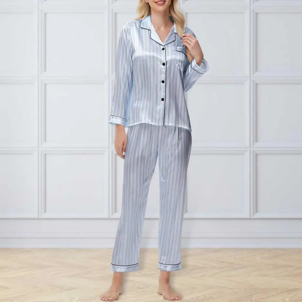 Eğlence Gecelik Pantolon Seti Lüks Ipek Saten Pijama Setleri Kadınlar için Zarif Düğme Aşağı Üstleri Pantolon Çizgili Uyku Gömlek