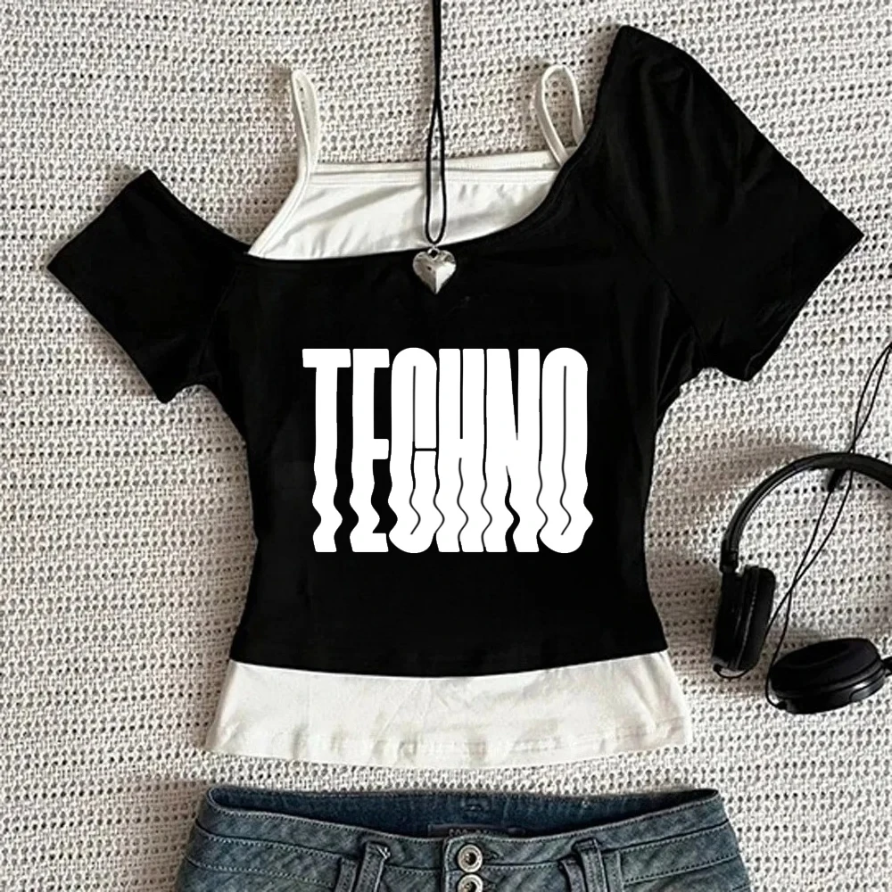 Techno cropped top girl gothic emo party alternative  clearance sales t shirt 2000s summer cutecore