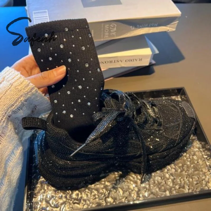 1/2 Pairs Women Double-Sided Rhinestone Mid Tube Socks Fashionable Korean Style Soft Comfortable All Season Casual Cotton Socks