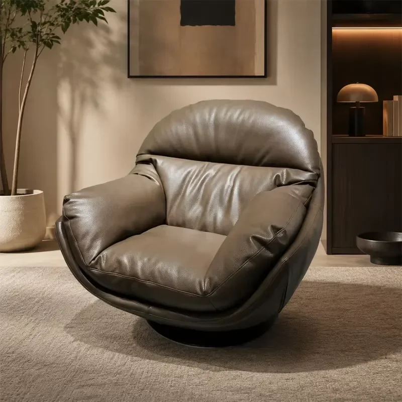 Coffee PU Leather Egg Chair Modern Cloud Padded Accent Chair for Living Room & Bedroom