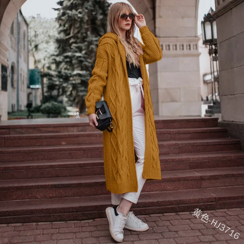 S-5XL Women Fashion Overcoat Autumn Twists Knitted Cardigan Sweater With Hat Long Sleeves Female Loose Knitwear Outstreet Wear