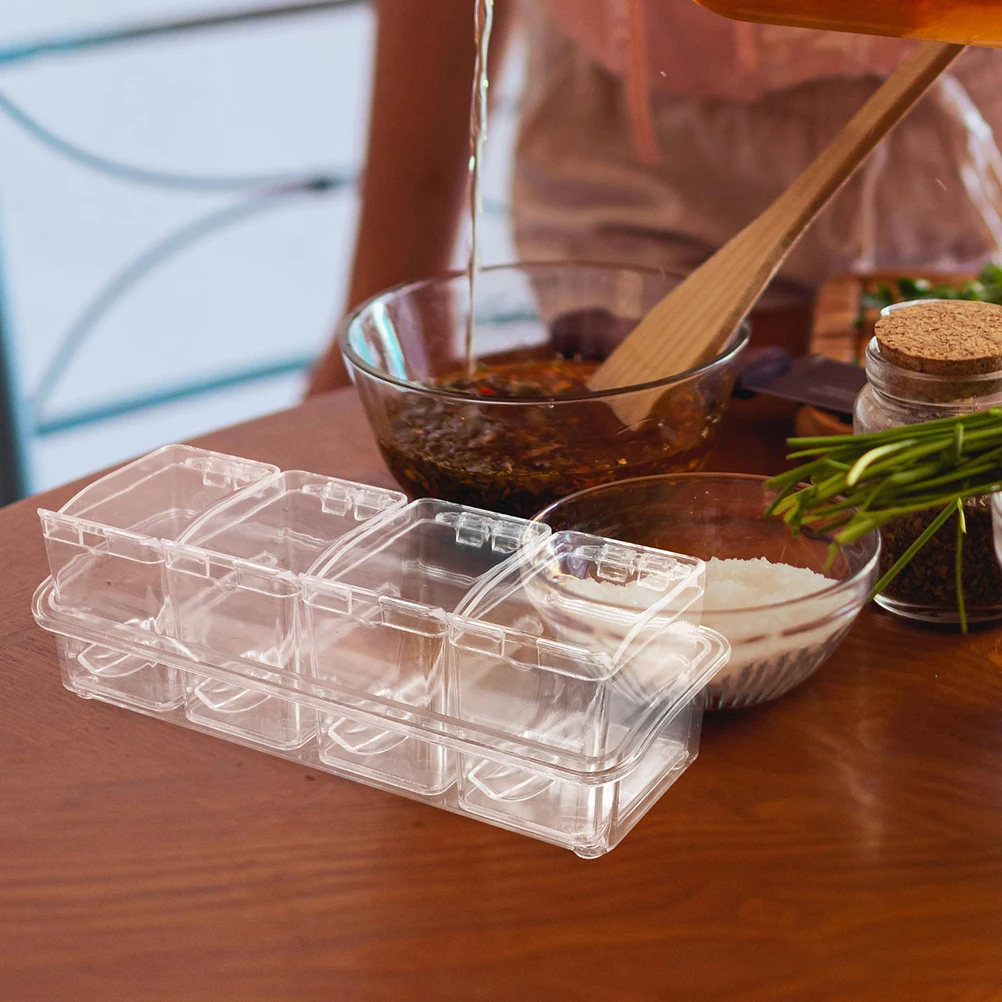 

2 set Transparent 4-Compartment Spice Box Set Clear Condiment Storage Organizer Airtight Lids Spoons Included Kitchen Seasoning