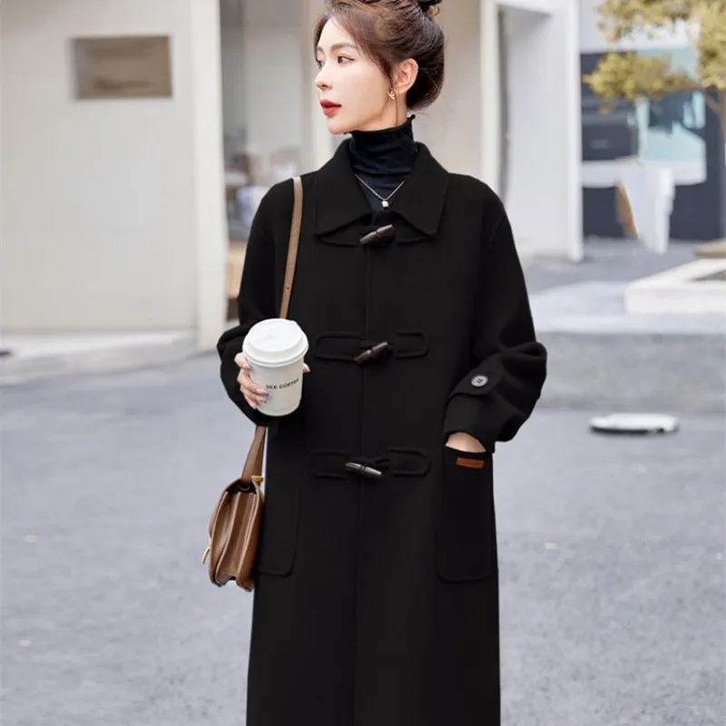 Double-Sided Woollen Jacket for Women, Turn-down Collar, Cashmere Trench Coat, Mid-length Overcoat, New Horn Button, Female Autu