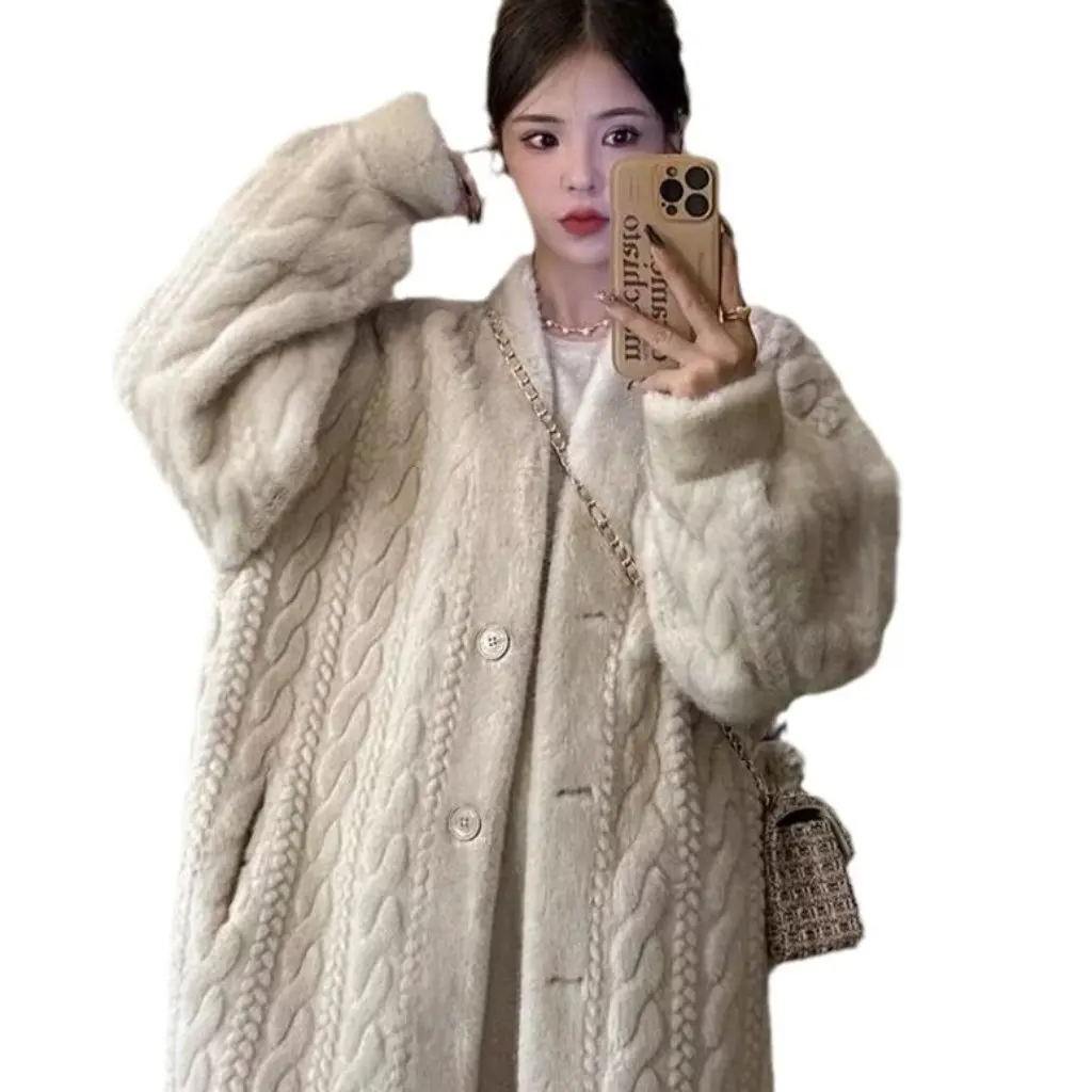 

Eco-Friendly Mink Velvet Cardigan Outwear Long over the Knee Slim Large Size Fur Integrated Autumn Winter Women's Outerwear
