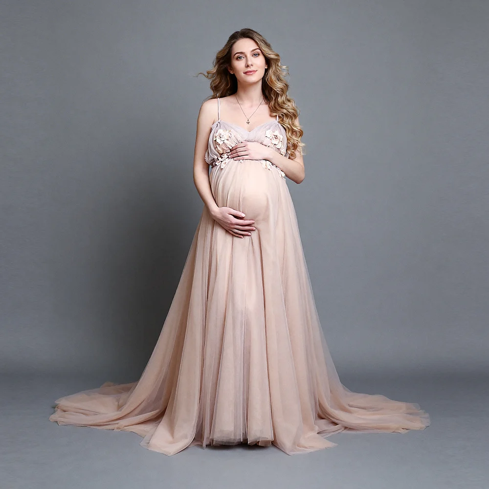 

Floral Appliqué Strappy Maternity Photoshoot Dresses for Pregnant Photography and Maternity Dresses for Special Occasions YEWEN