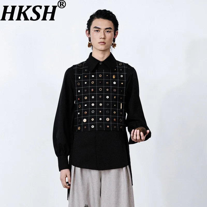 

Мужской комплект HKSH: весенне-осенний, новый, модный, с тяжелыми пуговицами, на шнуровке, жилет и рубашка, оригинальный дизайн, стильный, для молодежи, HK18822