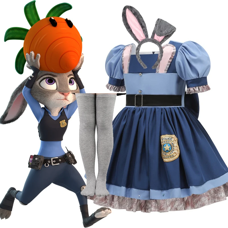 

Костюм Джуди Хоппс из мультфильма Disney Zootopia 2 для девочек, детское платье полицейского кролика с поясом для Хэллоуина, косплея, карнавала, дня рождения