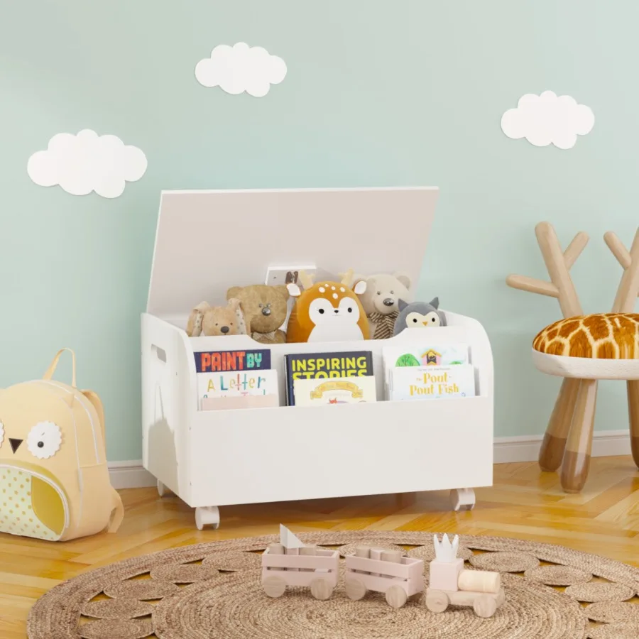 

Rhoda Wooden Toy Box with Wheels, Front Bookshelf Flip-Top Lid for Living Room or Nursery, White Space-Saving Storage Bench Che