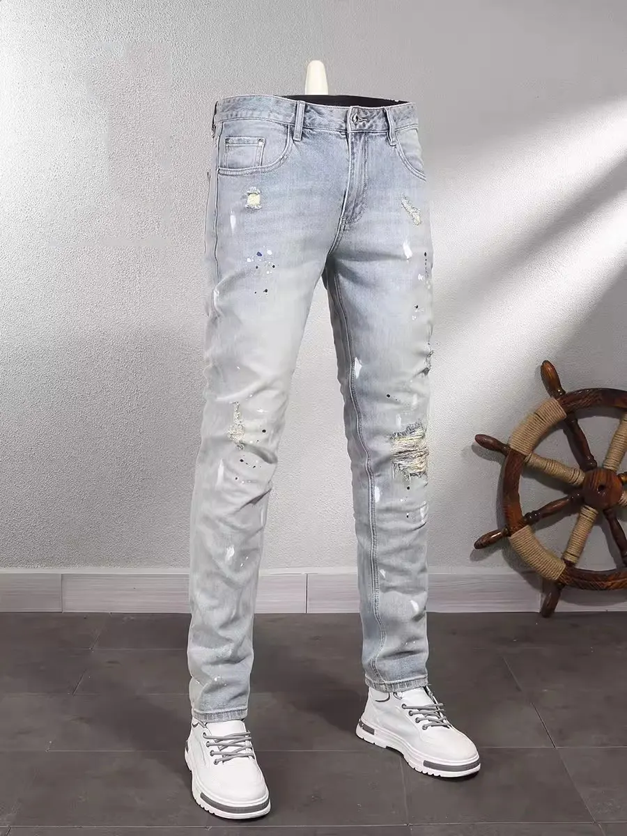 

Street Fashion Men Jeans Retro Light Blue Elastic Stretch Skinny Ripped Jeans Men Painted Designer Vintage Denim Pants Hombre