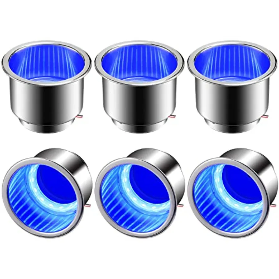 

6 Pcs LED Cup Holder Marine Drink Holder Stainless Steel Cup Holders Insert with Drain for Boat Yacht Car Camper Truck RV