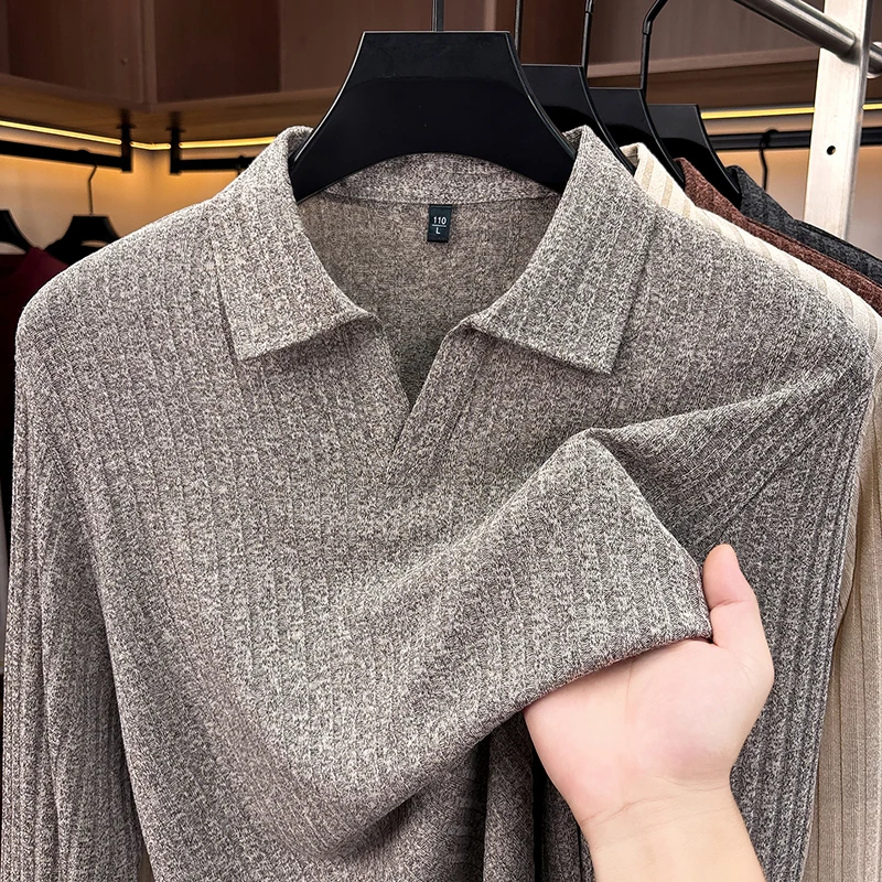 Herren-Pullover mit Polokragen und V-Ausschnitt, Strickpullover mit vertikaler Rippstruktur, langärmelig, weich, dehnbar, schmal geschnitten, Winter, Freizeit, Business, Herrenoberteile – Detail 3
