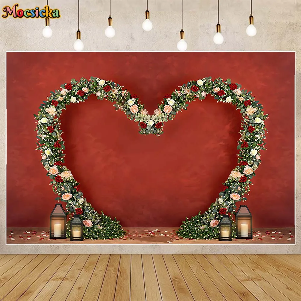 Mocsicka Red Wall Heart-Shaped Arch Wedding Pghotography Background Happy Valentine's Day Party Decor Backdrop Photo Studio Prop