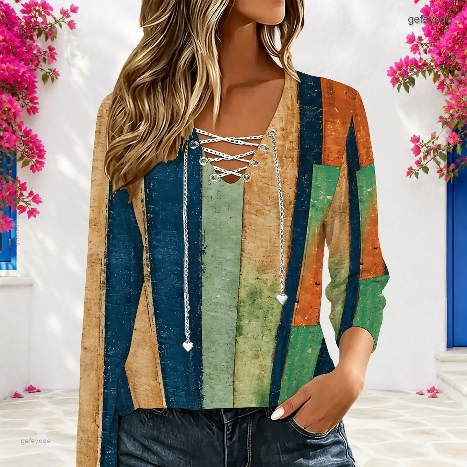 Women Printed Vertical Stripe Color Block V Neck Lace Up Long Sleeve Top