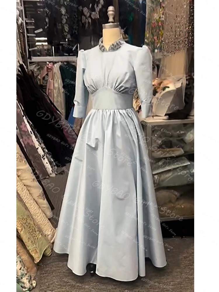 

Women's A-line Pleated Satin Prom Homecoming Dress Stand Collar 3/4 Sleeve High Waist Evening Gown Custom Made Vestidos de Festa