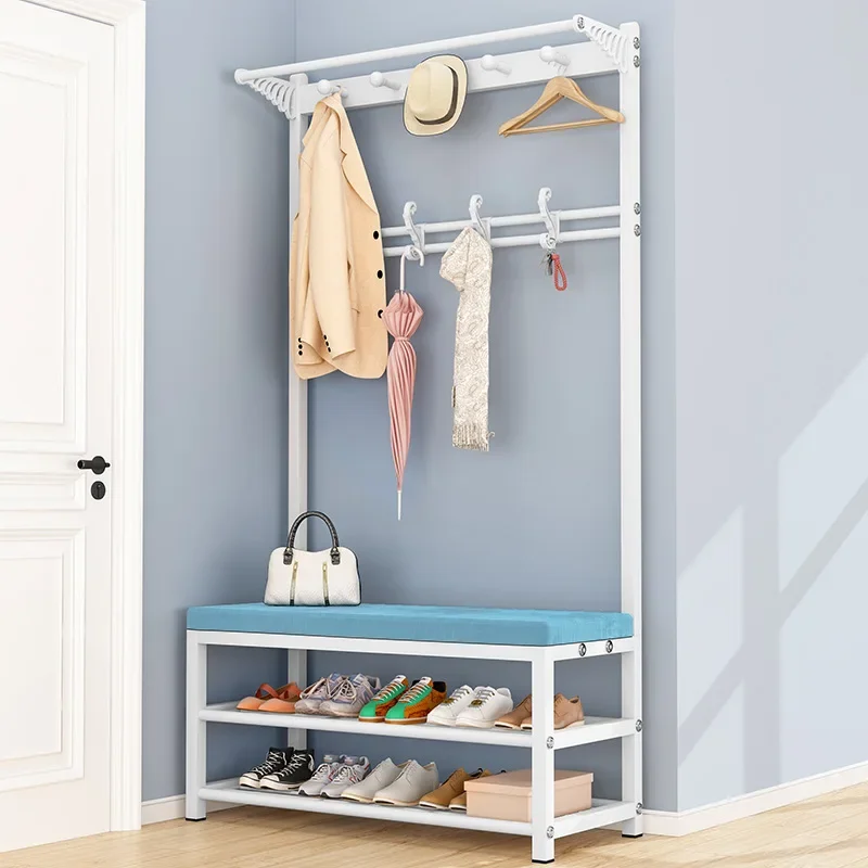 Mobile Coat Rack Shoe Bench Bedroom Metal Hanging Clothes Rack Shoe Bedroom Stool Clothing Home Entryway Furniture