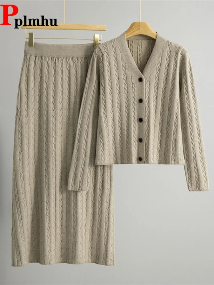 

Elegant V-Neck Sweater Cardigan Conjuntos Women's Casual Baggy Knitted 2 Pieces Set Elastic Fashion Loose New Skirt Ensemble