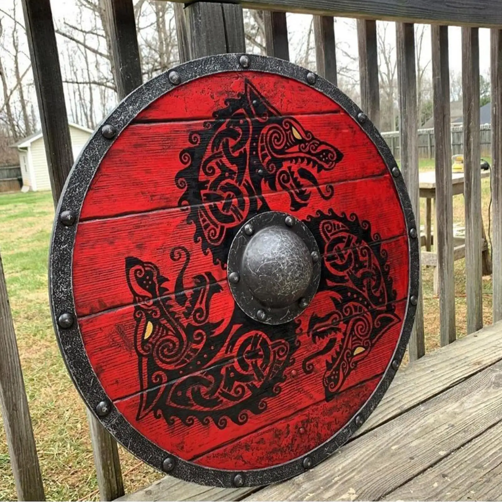 Unique Medieval Wood Sign Viking Wolf Warrior Handcrafted Battle Ready Shield Medieval Viking Warrior Shield Wall Hanging Decor