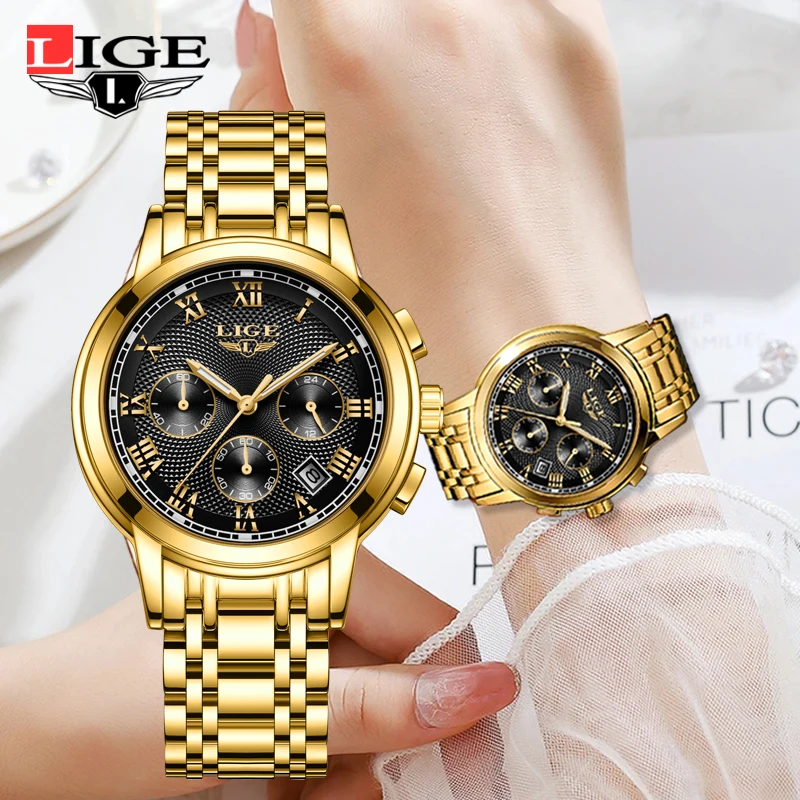 

LIGE Golden Quartz Waterproof Women Wristwatches High Quality Japanese Movement Full Steel Strap Fashion Watch for Women+Box