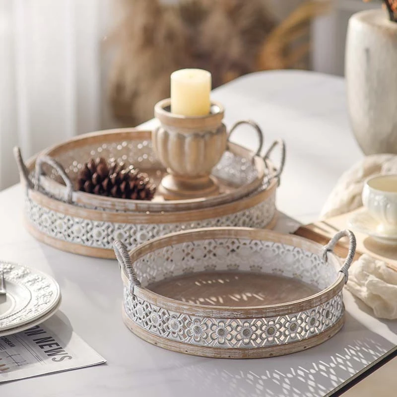 

Bohemian Handmade Bamboo Fruit Tray Round Storage Basket Natural Wood Color Rustic Farmhouse Style Home Decor Table Organizer