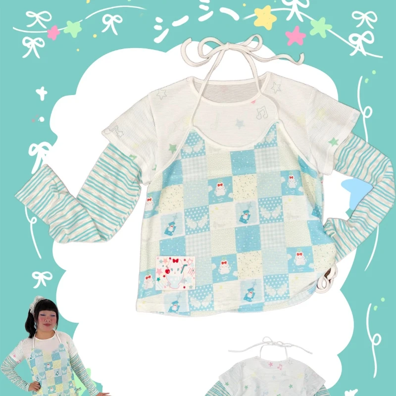 التصميم الأصلي كتلة اللون وهمية 3 قطعة 2 قطعة المرأة أفضل الخريف جديد مخطط منقوشة الربط الرسن كم طويل تي شيرت فتاة #2